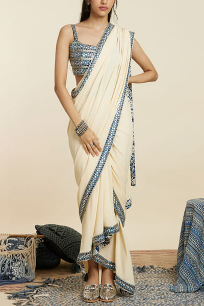 Beige embellished pre-draped sari set