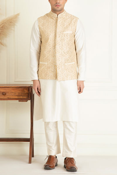 Beige embroidered bandi kurta set