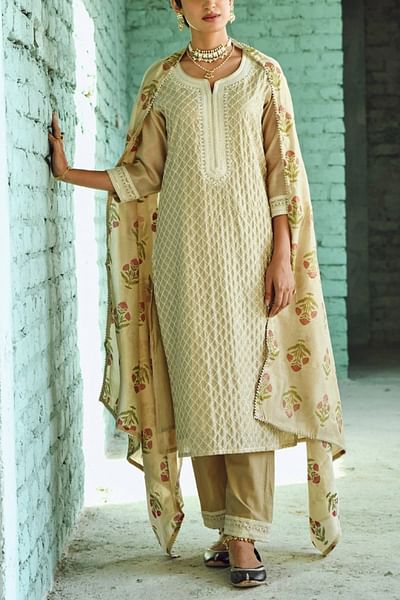 Beige embroidered kurta set