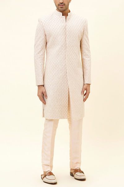 Beige embroidered sherwani set