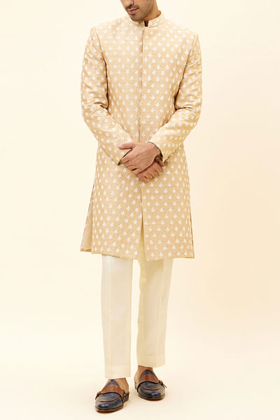 Beige embroidered silk sherwani set