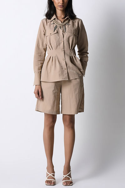Beige flap pocket detailed shirt