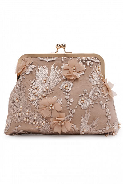 Beige floral 3D embellished pouch clutch