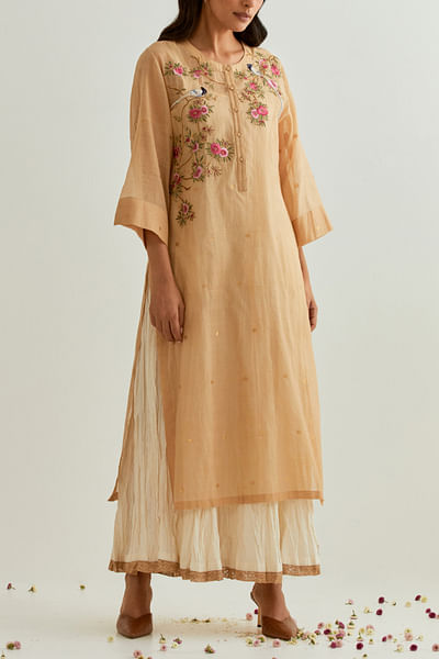 Beige floral and bird embroidery kurta