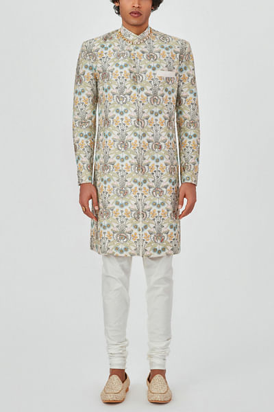 Beige floral appliqued sherwani set
