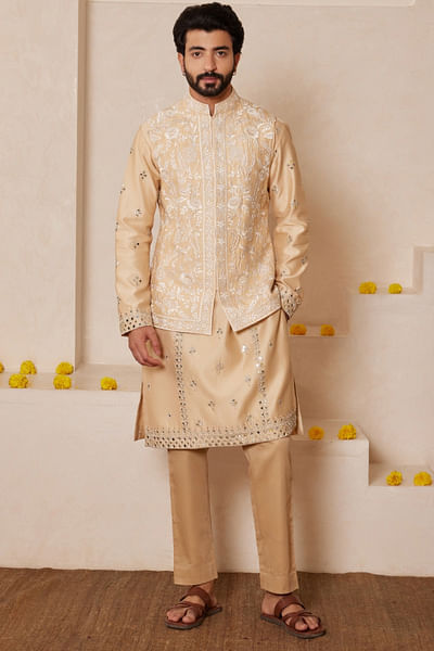 Beige floral embroidered bandi kurta set