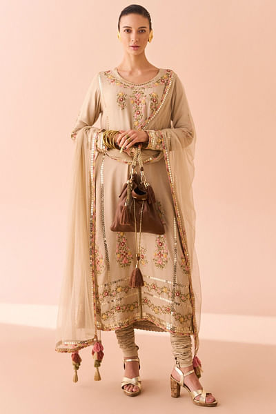 Beige floral embroidered kurta set