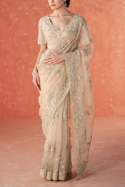 Beige floral embroidered sari set
