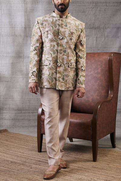 Beige floral print bandhgala and pant