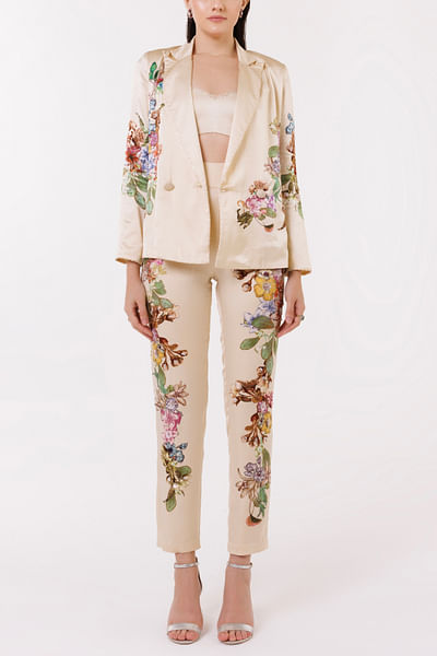 Beige floral print blazer set