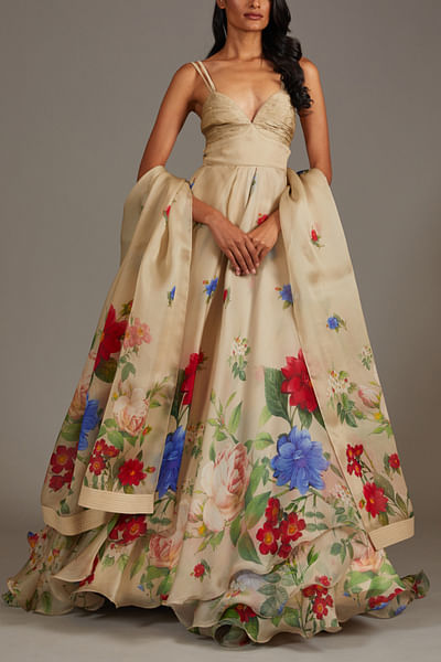 Beige floral print flared anarkali set