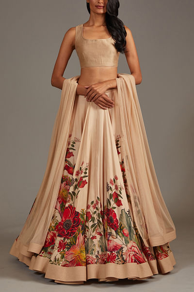 Beige floral print lehenga set