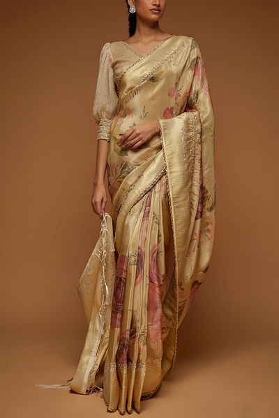 Beige floral print sari set