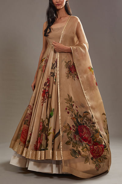 Beige floral printed anarkali set