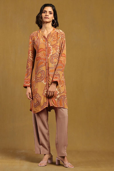 Beige floral printed shirt-style kurta