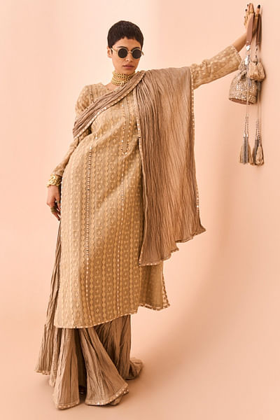Beige geometric appliqued kurta set