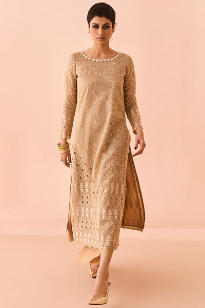 Beige geometric embroidered kurta set