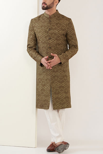 Beige geometric embroidery sherwani