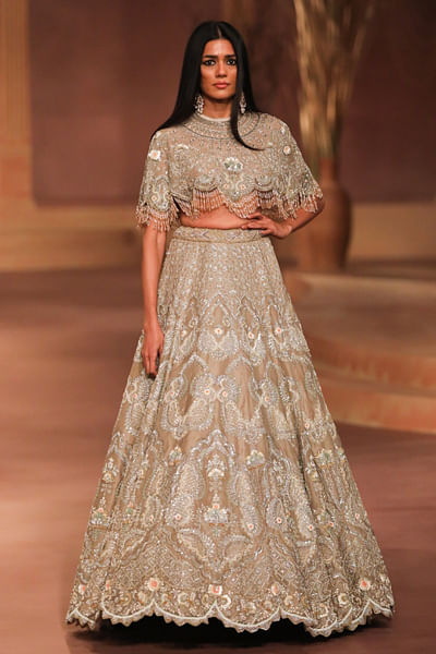 Beige gold cutdana embroidered lehenga set
