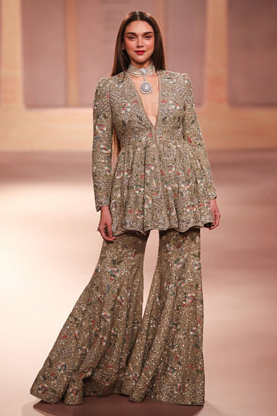 Beige gold embroidered sharara set