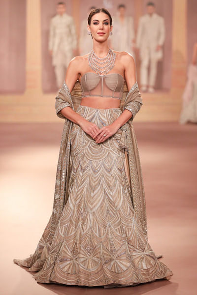 Beige gold embroidery lehenga set