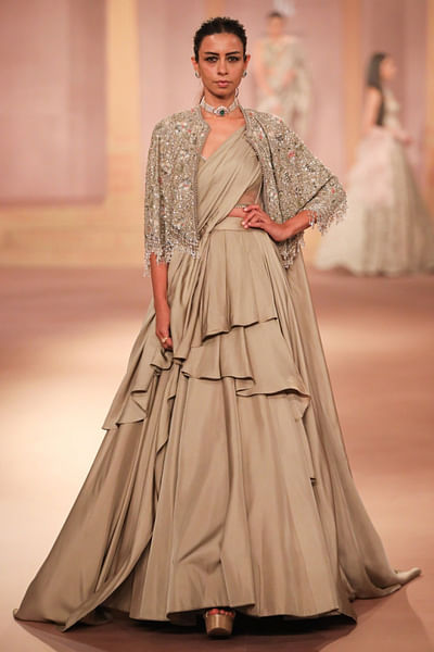 Beige gold pre-draped sari set