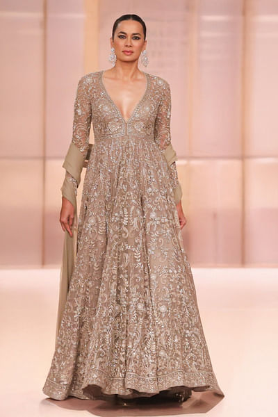 Beige gold thread embroidered anarkali set