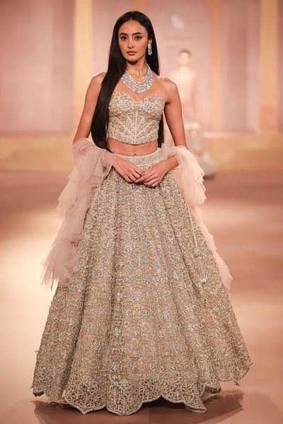Beige gold zari embroidered lehenga set
