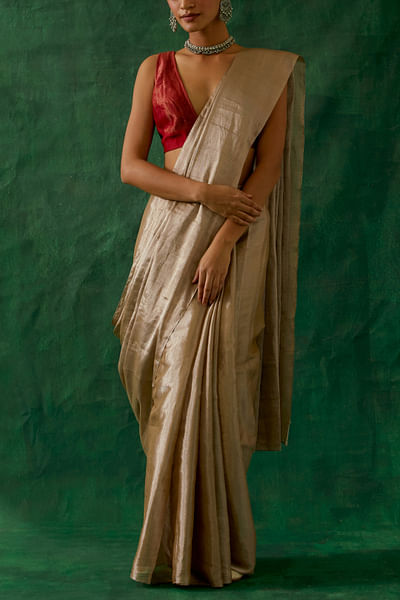 Beige gold zari handwoven sari set
