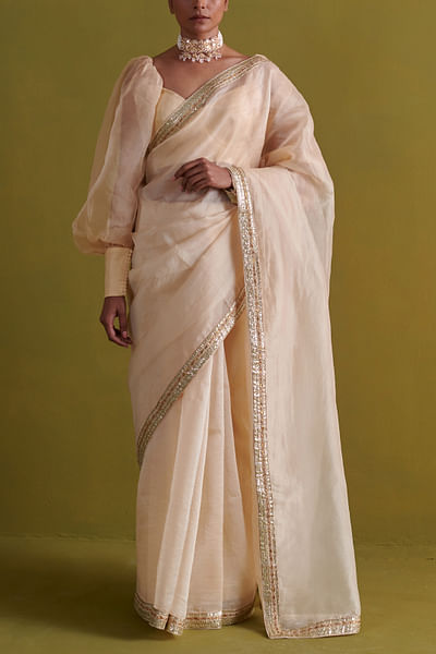 Beige gota patti embroidery sari set