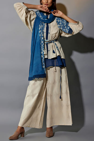 Beige hand block print tunic set