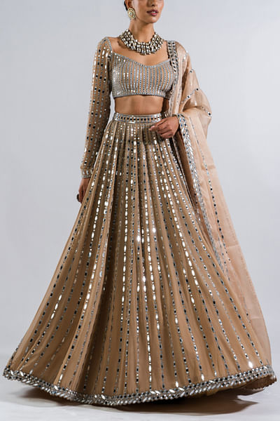 Beige heavy mirror embroidered lehenga set