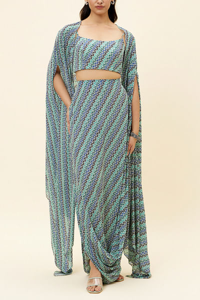 Beige leaf print cape and draped skirt set