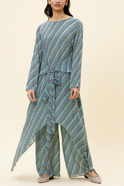 Beige leaf print tie-up tunic set