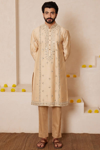 Beige mirror embroidered kurta set