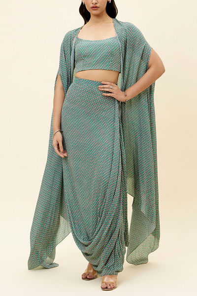 Beige motif print cape and draped skirt set