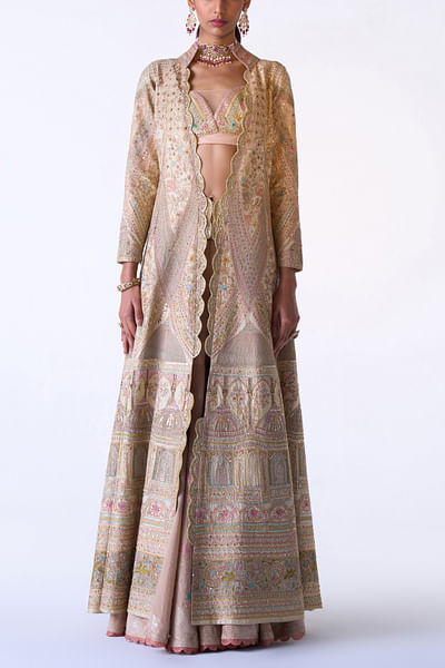 Beige mughal embroidered jacket set