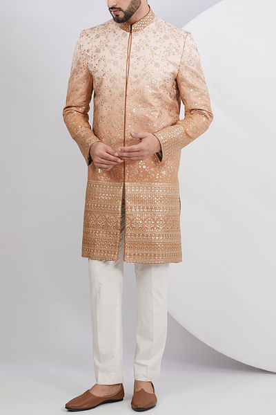 Beige ombre floral embroidery sherwani