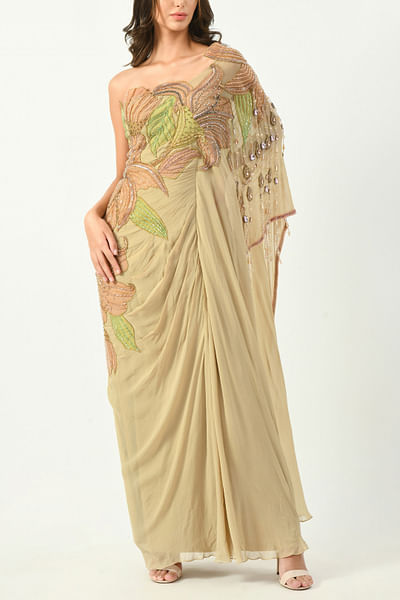 Beige one-shoulder embellished draped kaftan set