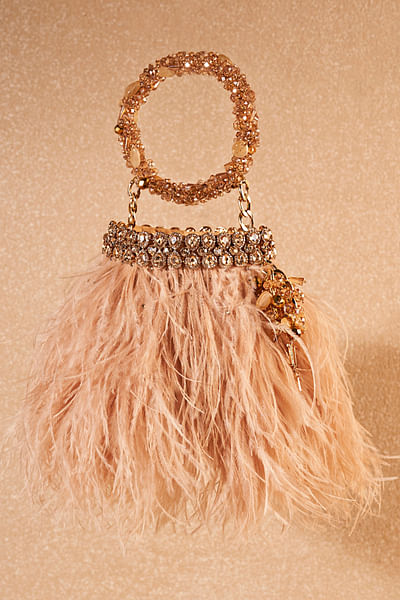 Beige ostrich feather detailed bag