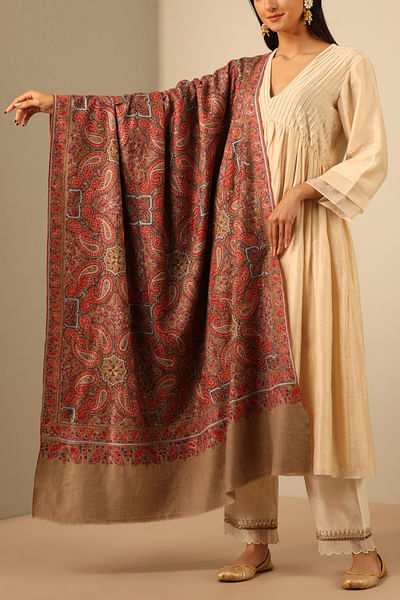 Beige paisley jamawar work pashmina shawl