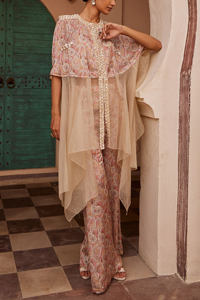 Beige paisley print draped kurta set