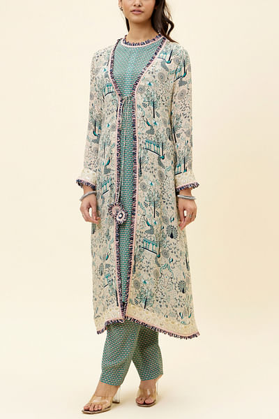 Beige peacock print jacket and tunic set
