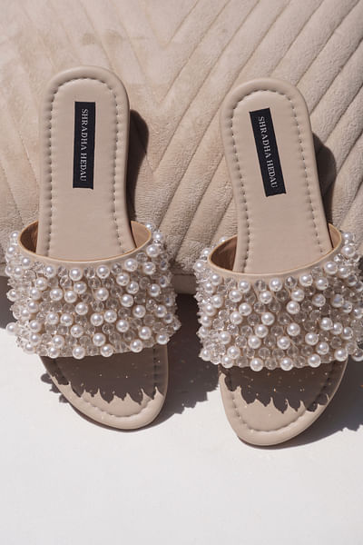 Beige pearl and bead embellished flats