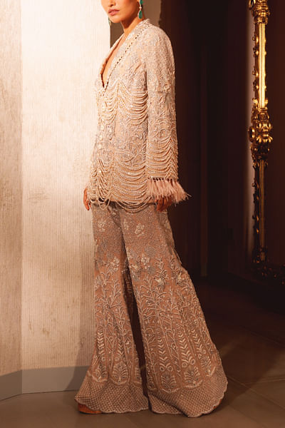 Beige pearl and bead embroidery jacket and pants