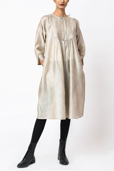 Beige pin tuck and gather detailed tunic