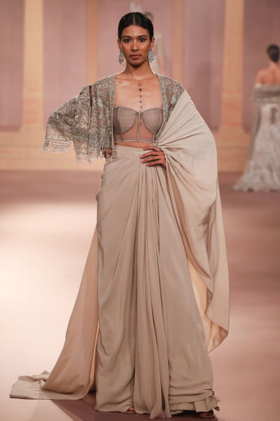 Beige pre-draped sari set