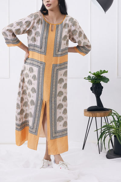 Beige printed satin dress