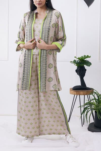 Beige printed satin jacket set