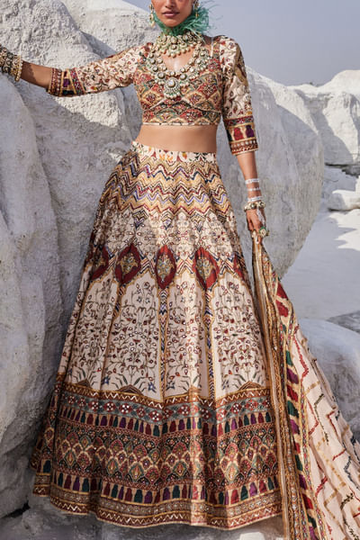 Beige sequin and bead embroidered lehenga set